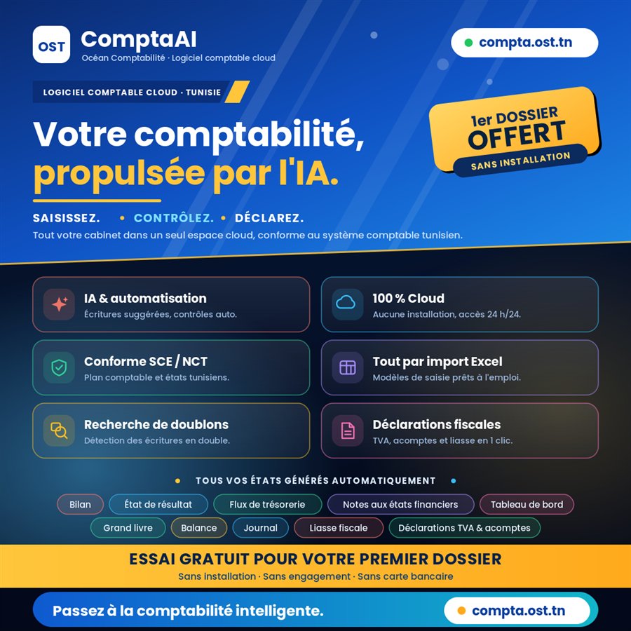 Affiche ComptaAI : votre comptabilité propulsée par l'IA, premier dossier offert